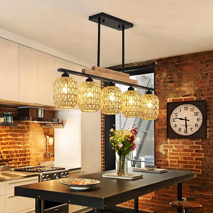Dining Room Light Fixture 5 Light Large Rattan Kitchen Island Lighting with Boho Wicker Shade Chandelier Farmhouse Hanging Pendant Light for Living Room Bar Restaurant Bedroom