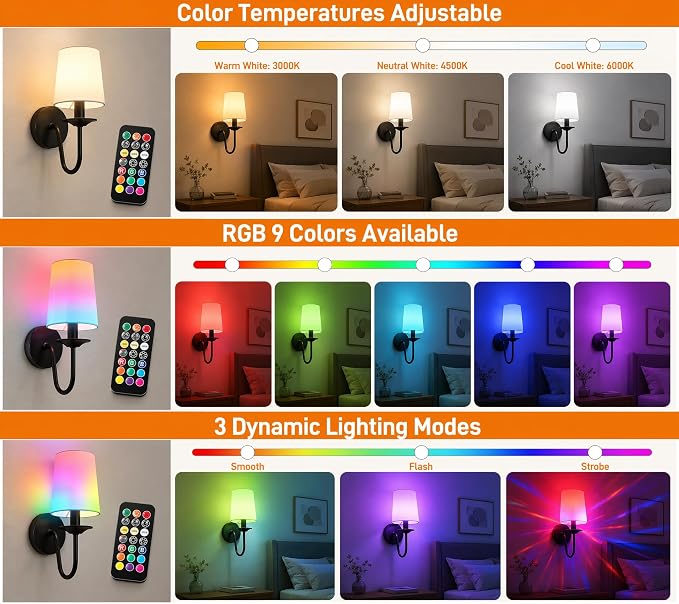 Rechargeable Wall Sconces Set of 2, 10000mAh Magnetic LED Bulb Wall Lights, 9 RGB Colors 3 CCT Dimmable, Battery Operated Cordless Wall Scone Lamp for Bedroom Living Room Home Decor
