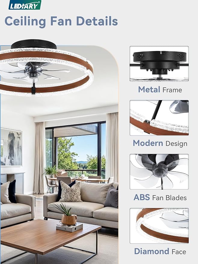 LEDIARY 20'' Modern Low Profile Ceiling Fans with Lights and Remote, Walnut | 3000-6000K Dimmable LED, 6 Wind Speeds, Quiet Reversible DC Motor, Small Flush Mount Fandelier for Bedroom, Living Room