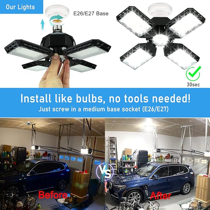 4-Pack LED Garage Light, 150W Deformable LED Ceiling Lights, 15000LM Garage Lighting with 4 Adjustable Panels, E26/E27 Shop Lights for Basement, Workshop, Attic