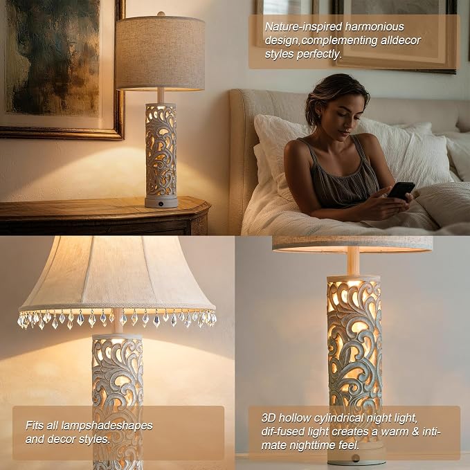 2-in-1 Light Table Lamp Set of 2 for Living Room, 28.5" Farmhouse Bedside Lamps with USB Charging Port, Main&Night Light & Dual Switches, Nightstand Lamp for Bedroom Home Office(Bulb Included)