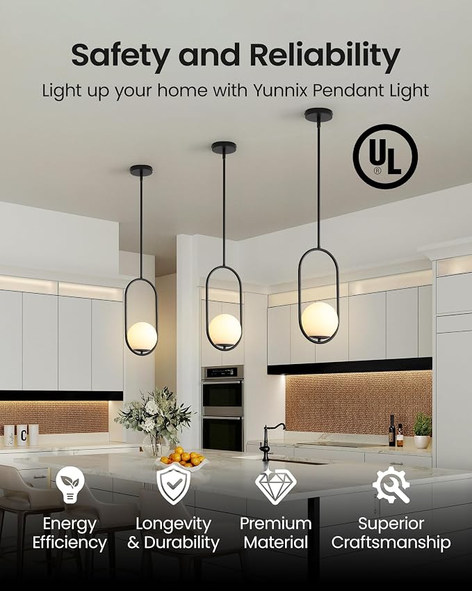 Yunnix 3 Pack Pendant Lights Kitchen Island, Pendant Light Fixtures, Modern Black Globe Glass Pendant Lighting, Mid Century Chandelier One Light for Bathroom Bedroom Dining Room