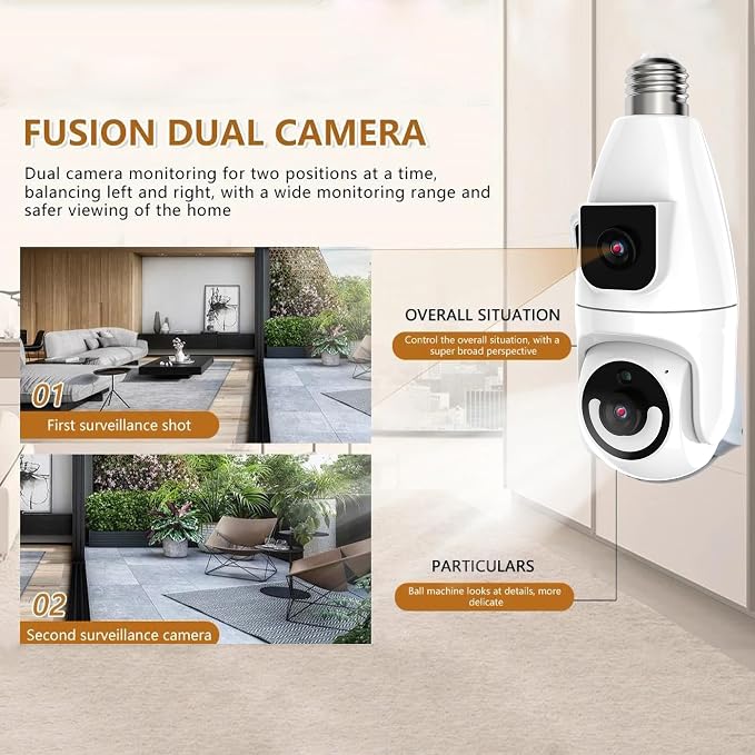 Ameyes Light Bulb Indoor Camera Wireless with Dual-Lens, 1080P Dog/Pet Cameras for Home Security, 2.4&5GHz WiFi Camera with Phone App, Color Night, Motion Detection, Compatible with Alexa