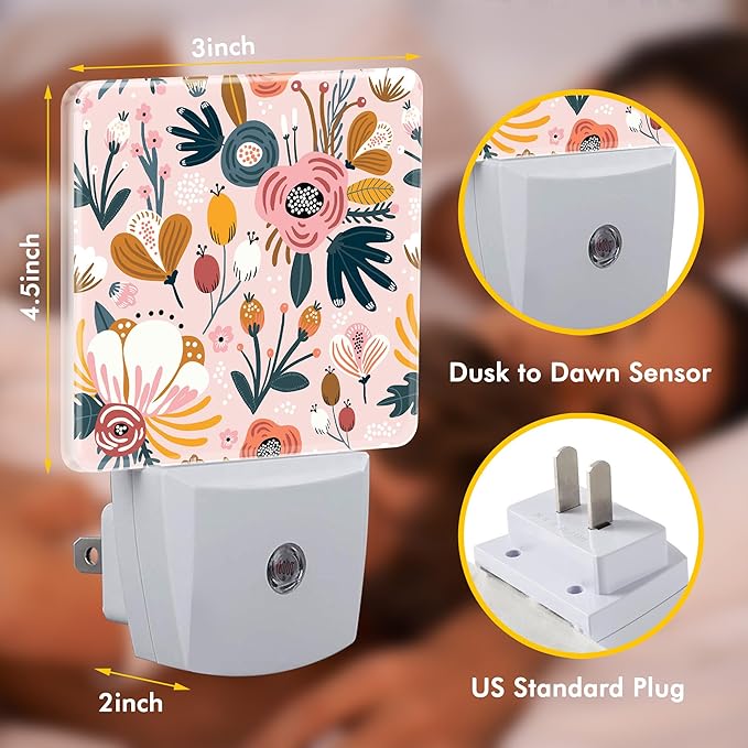Pink Flowers Berries Leaves Plug in Night Lights with Dusk to Dawn Sensor LED Night Light Plug into Wall for Kid Girls Boys Women Men Room,Hallway,Stairs,Kitchen,Nursery Decor
