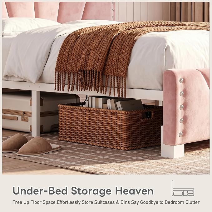EnHomee Full Size Bed Frame with LED Lights & USB, Noise-Free, Pink | Adjustable Velvet Headboard，Under-Bed Storage，Heavy Duty Support with 12 Slats，No Box Spring Needed，Easy Assembly for Bedroom