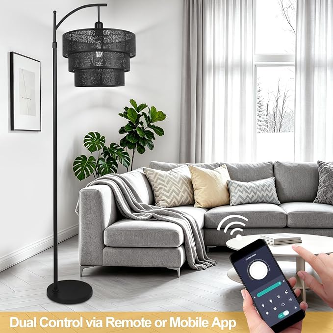 AHDWDW Arc Floor Lamp for Living Room Bedroom,Mid-Century Modern Floor Lamps with Remote,Black Dimmable Standing Tall Lamp for Corner Office,3-Tier Drum Metal Lampshade with Forest Tree Design