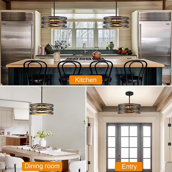 Farmhouse Semi Flush Mount Ceiling Light, Black and Wood Grain Kitchen Island Hanging Pendant Lighting for Dining Room Bedroom Bar Office, Industrial