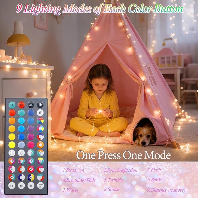 Lovelite Fairy Lights 34 Colors Changing, 2 Pack Total 66FT 200LED Christmas String Lights Battery Operated USB Plug in, Waterproof Twinkle Lights with Remote for Indoor Outdoor Xmas Wedding Party