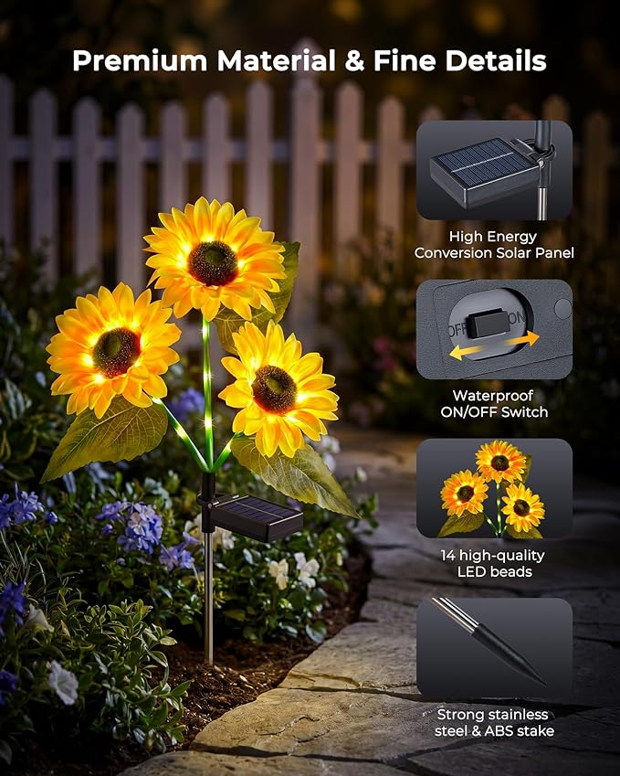 Brightown 6 Pack 3 Head Solar Sunflower Garden Stake Lights Waterproof | 18 glowing stem sunflowers, waterproof solar powered, auto on off decorative stakes for yard, patio, lawn outdoor decoration