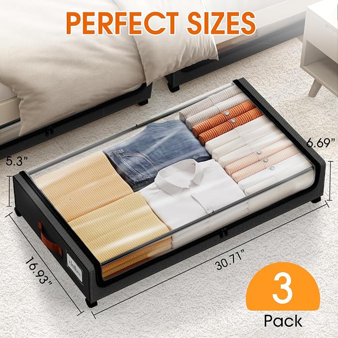 Under Bed Storage with Wheels 3Pack Storage Containers with Clear Window | Under Bed Drawers Rolling Under Bed Storage for Clothes,Shoes, Blankets (30.71 x 16.93 x 6.69 in, Black)