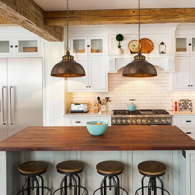 Lingkai Industrial Barn Pendant Lights,15.74" Farmhouse Hanging Light Fixtures with Adjustable Chain, Rustic Dome Pendant Lighting for Kitchen Island, Dining Room, Living Room, Hallway