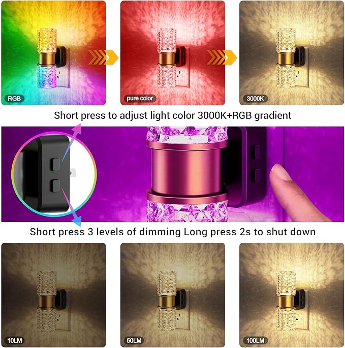 JandCase Night Lights Plug into Wall, Color Changing Night Light for Kids | 3000K+RGB LED Nightlight with Dusk to Dawn Sensor, 10/50/100LM Adjustable Brightness for Rooms Decor 2 Pack