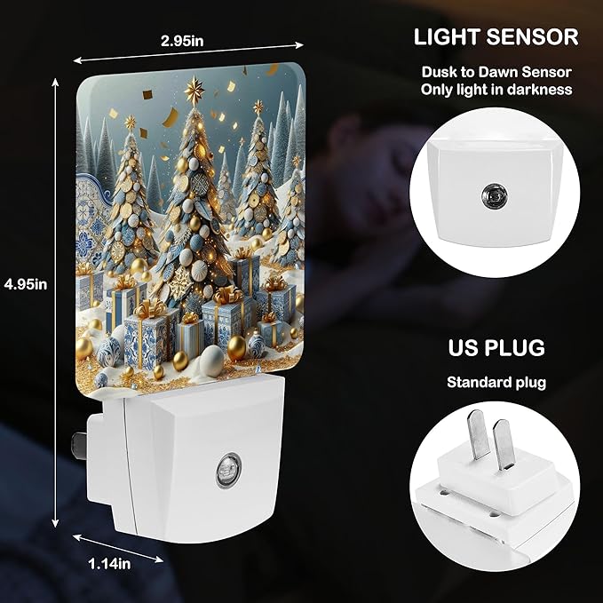 LED Night Light Lamp with Smart Sensor Dusk to Dawn Sensor,Merry Christmas Tree Happy New Year Festive Christmas Gift Box Drift Golden Confetti Night Light Daylight White,0.5W Plug-into Wall