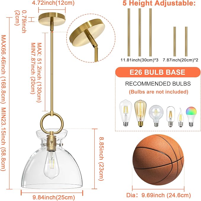 Gold Pendant Light Kitchen Island with 9.84'' Clear Glass Shade | Modern Pendant Lighting Over Sink, Adjustable Hanging Ceiling Light, E26 Dimmable Hardwired for Dining Room Hallway, 1-Pack
