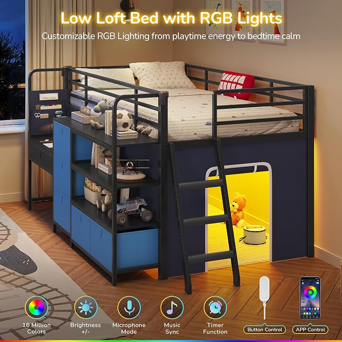Low Loft Bed Twin Size with Desk, 6 Storage Drawers & Bookshelf, Kids Loft Bed with LED Lights & Under-Bed Play Space, Heavy Duty Metal Bed Frame with 13.8"H Safety Guardrail & Ladder, Blue and Black