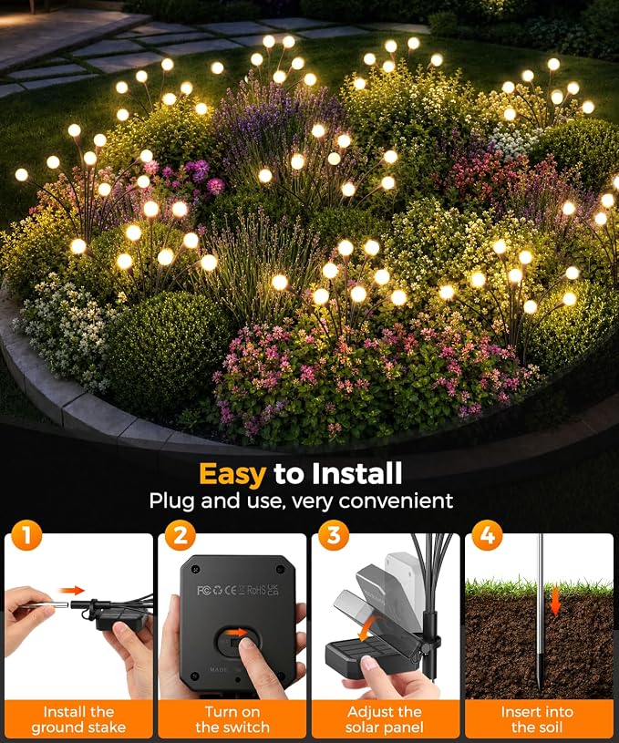 4 Pack Solar Garden Lights 32 LED, Solar Lights Outdoor Waterproof IP65, Decorative Garden Lights Solar Powered for Yard Patio Pathway Decor, Outside Fairy Firefly Lights Garden Gifts