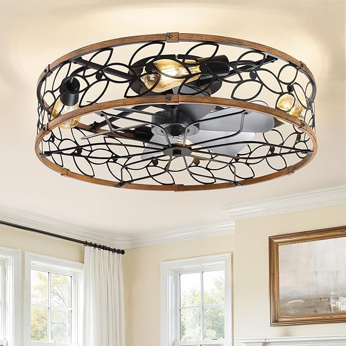 LEDIARY 23" Caged Ceiling Fan with Light, Flush Mount Fandalier with Remote | Low Profile, Farmhouse Large, Bladeless Industrial, Quiet DC Motor, App Control for Bedroom, Kitchen, Dining Room, Walnut