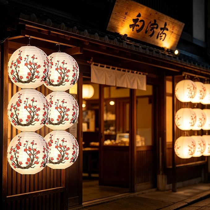 6 Pcs White Paper Lanterns Decorative 10x12 Inch, ZUEXT Cherry Blossom Hanging Round Chinese/Japanese Lantern for Festival Theme Birthday Party Wedding Home Yard Japanese Eateries Decor Oriental Style