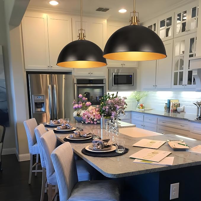 LamQee 18 Inch Black and Gold Large Pendant Light Kitchen Island, Farmhouse Modern Dome Pendant Light Fixtures Ceiling Hanging Lighting Chandelier for Dining Room Over Table, Bar, Hallway, Entryway