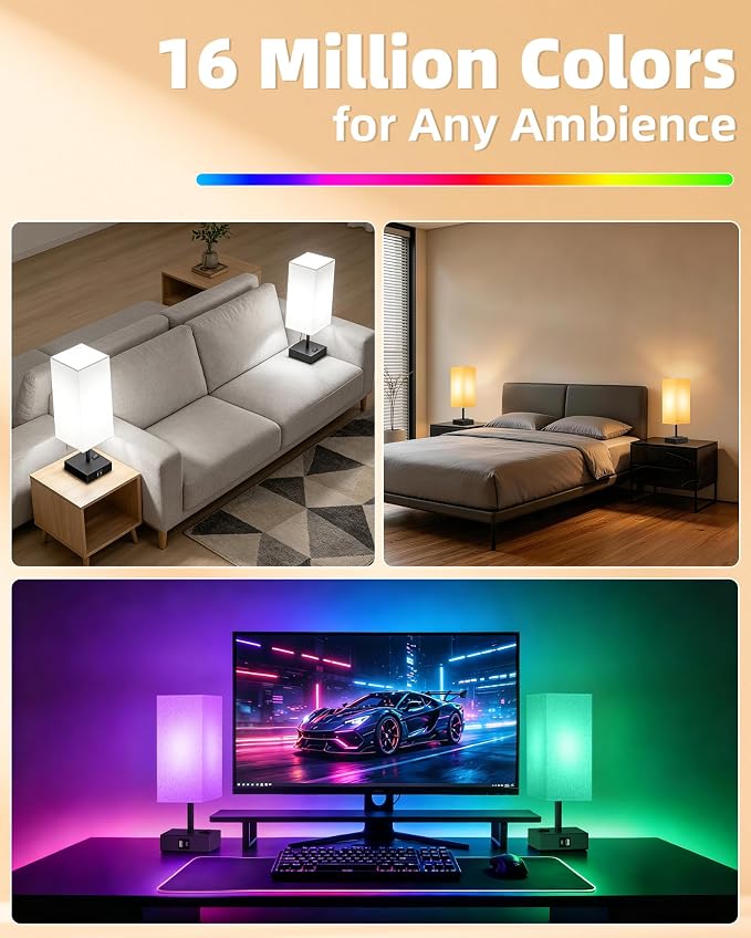 Smart RGB Dimmable Table Lamp Work with Alexa&APP&Remote Control, Gray | Bedside Desk Lamp with Charging Ports&Phone Stand, Music Sync Nightstand Lamp for Bedroom Living Room Office Dorm, 1Pack