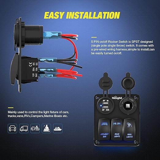Nilight ３ Gang Rocker Switch Panel with USB Charger and Cigarette Lighter 12V 24V Toggle LED Light Bar Rear Lights Rock Switches for Cars Rvs Trucks