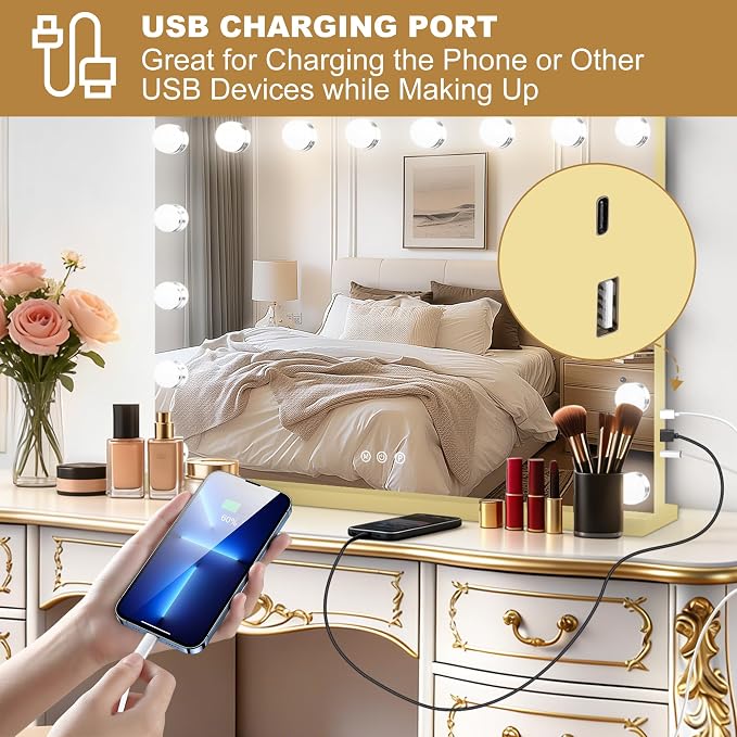 Moonee Vanity Mirror with Lights, Gold Hollywood Lighted Makeup Mirror with 17 Dimmable Bulbs and 10X Magnification, 3 Colors Modes, Aluminum Metal Frame, Light Up Mirror for Tabletop/Wall（26" x 20"）