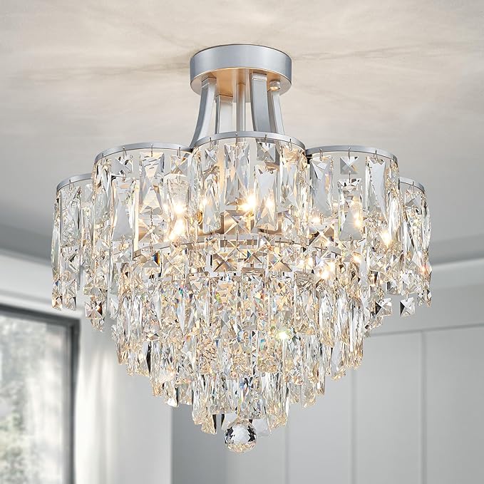 WUZUPS Crystal Chandelier Semi-Flushmount Ceiling Light Modern Lighting Fixture for Bedroom Hallway Entry Kitchen Bathroom, H 19.3" x W 18.3", E12 Base, Silver