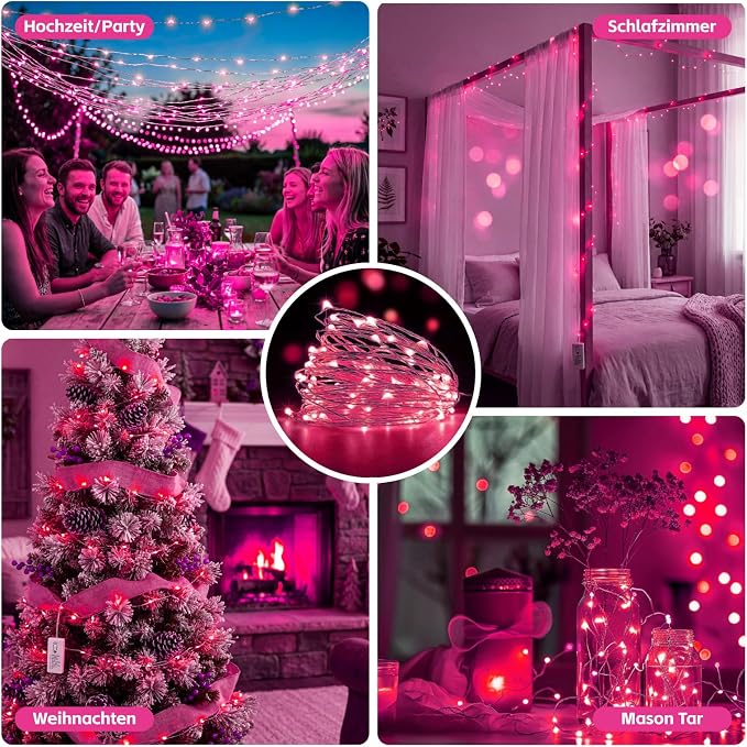 6 Pack Rechargeable Fairy Lights,7ft 20LEDs, Remote & DIY Timer | Dimmable Silver Wire, Mini Twinkle Lights, For Mason Jar, Indoor Christmas Bedroom Wedding Decor, Pink