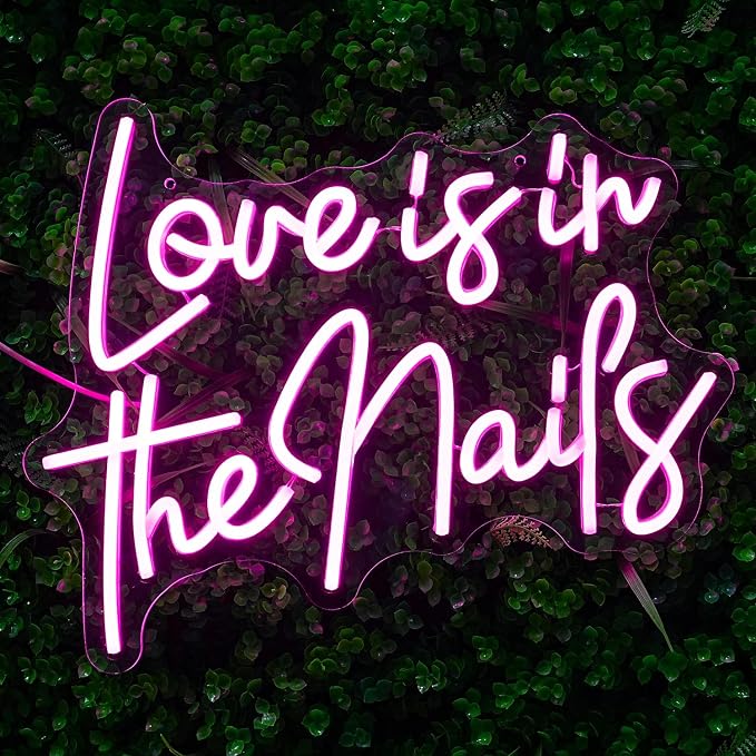 "Love is in the nails" Neon Sign Nail Neon Light Pink LED Sign Letter Neon Light Up Sign for Nail Salon Beauty Salon Makeup Room Decoration(16.5 * 12.7)