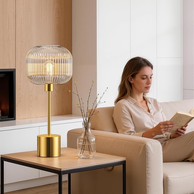 Glass Table Lamp for Living Room, Modern Gold Clear Bedroom Bedside Lamp | LED Bulb Included, Large Ribbed Glass Shade, 3-Way Dimmable, Touch Control, Brushed Gold, Nightstand Lamp, 2700K Warm Light