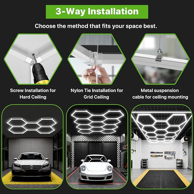 Glitgate Hexagon Garage Lights, Car Detailing & Gym, 476W 52360LM LED Shop Light, 6500K Hexagon Ceiling Light Grid, Modern LED Ceiling Light for Showroom Barber Shop