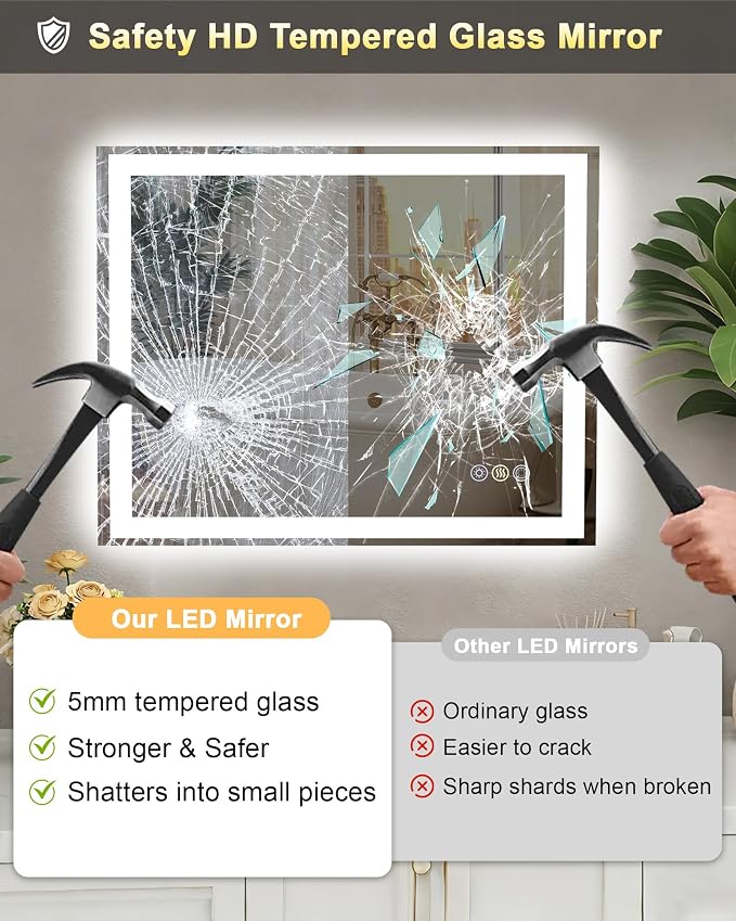 72x32 LED Bathroom Mirror, 6000LM, Separate Front and Back Lights | UL Certified,Shatter-Resistant Tempered Glass,Auto-Off Defogger,3 Color Modes,Smooth Dimming,Smart Memory Setting