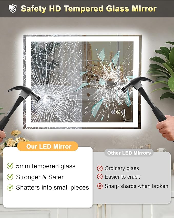 68x36 LED Bathroom Mirror, 6000LM, Separate Front and Back Lights | UL Certified,Shatter-Resistant Tempered Glass,Auto-Off Defogger,3 Color Modes,Smooth Dimming,Smart Memory Setting