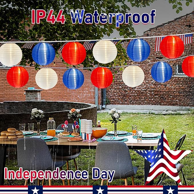 4th of July Decoration Light, 25Ft Red White and Blue Lantern Lights with 11 LED Bulbs (1 Spare Bulbs), Hanging Patriotic Decor Lights for July 4th, Independence Day, Yard, Garden, Memorial Decor