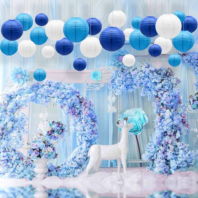 21- Pack Blue Paper Lanterns, Hanging Round Party Decorations | Reusable Indoor & Outdoor Decor for Anniversary, Graduation, Wedding, Birthday, Baby Shower Decorations, 4/6/8/10 inches
