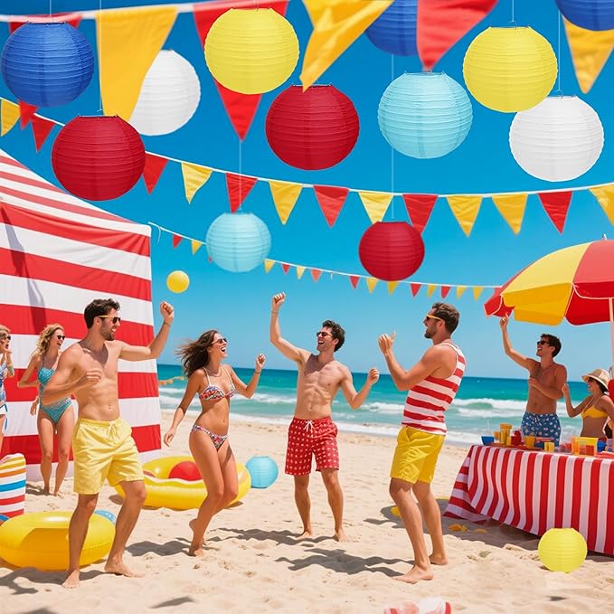 12 PCS Circus Theme Party Decorations, Red Yellow Blue Paper Lanterns, Summer Party Decorations for Beach Pool Hawaiian Carnival Circus Birthday Party Supplies