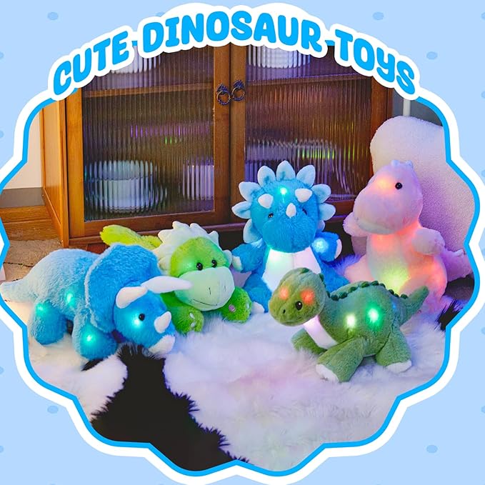 Glow Guards 12'' Light up Triceratops Dinosaur Stuffed Animal,LED Soft Dinosaur Plush Toy with Magic Night Lights&Lullaby,Birthday Children's Day for Toddler Kids (Blue, LED)