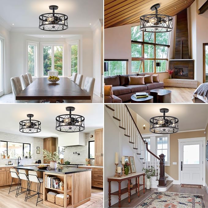 REDSTAR 15" Caged Ceiling Fans with Lights and Remote Flush Mount, Black Round Industrial Ceiling Fan Light Fixture, Small Bladeless Ceiling Fan for Bedroom, Kitchen, Indoor