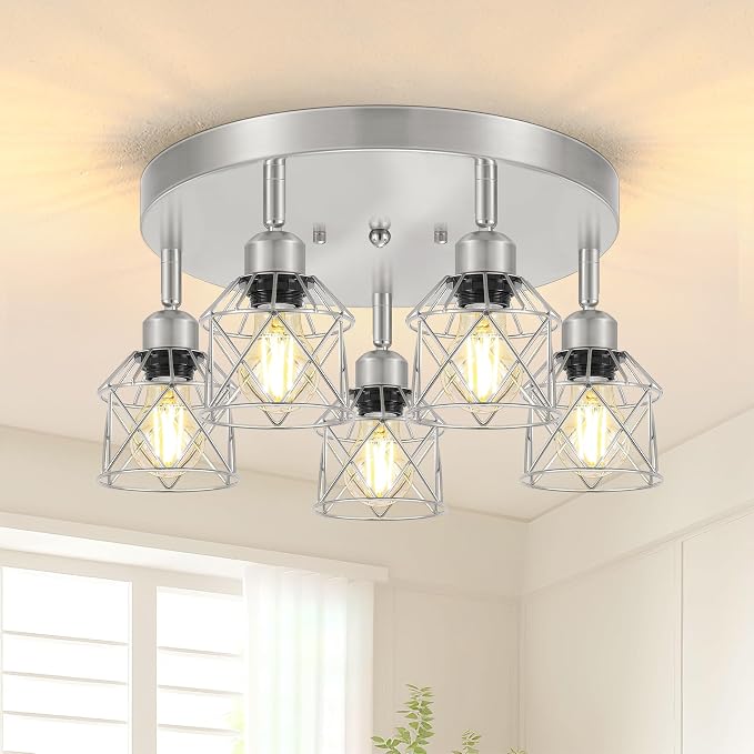 Baocuz 5-Light Kitchen Light Fixtures, Silver Adjustable Semi Flush Mount Ceiling Light with E26 Base, Multi-Directional Track Ceiling Lighting for Hallway, Dining Room, Entryway
