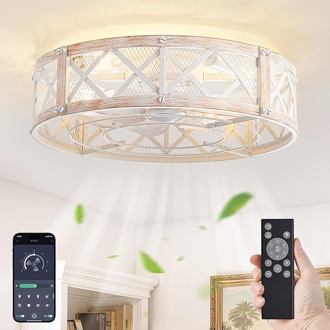 LEDIARY 20" Caged Farmhouse Ceiling Fan with Light, Flush Mount, White Gold | Remote&APP Control, Small Low Profile, Rustic Fandaliers, Industrial Bladeless Enclosed, Powerful Motor for Bedroom, Kitchen
