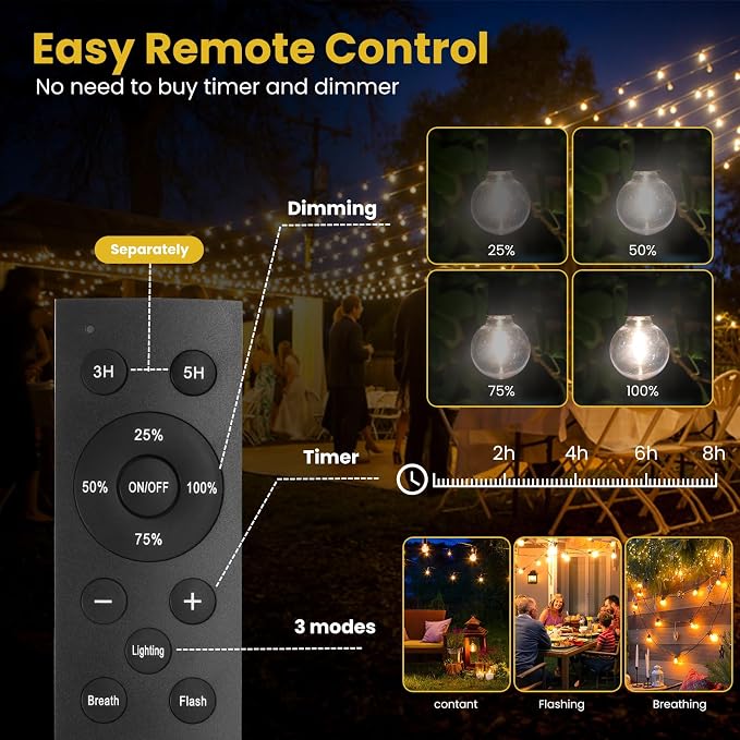 Yusist 100FT Solar String Lights Outdoor Waterproof with Remote, G40 Solar Powered String Lights with 30+2 LED Shatterproof Bulbs, Dimmable Solar Patio Hanging Lights for Outside Backyard Party