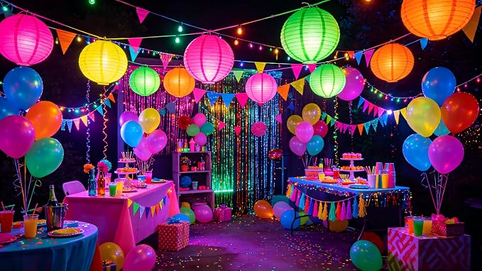 ZOOYOO Neon Paper Lanterns, 8 Pcs Hanging Glow Party Decorations,Fluorescent Round Lanterns for Blacklight Party, Birthday, Wedding and Home Decor, 8 and 10 Inch