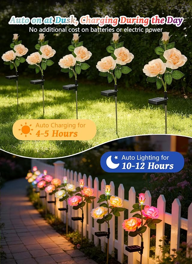 Brightown Solar Garden Lights, 4 Pack 7-Color Changing Rose Flower Lights | Larger & Realistic Rose, Bigger Solar Panel, Waterproof LED Solar Lights Outdoor for Yard Garden Lawn Pathway Decorations