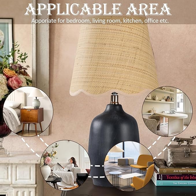 Set of 2 19" Modern Ceramic Table Lamp for Living Room Cream Base Desk Lamps for Bedroom Farmhouse Bedside Nightstand Lamp End Table Lamps,Black,Rattan Shade