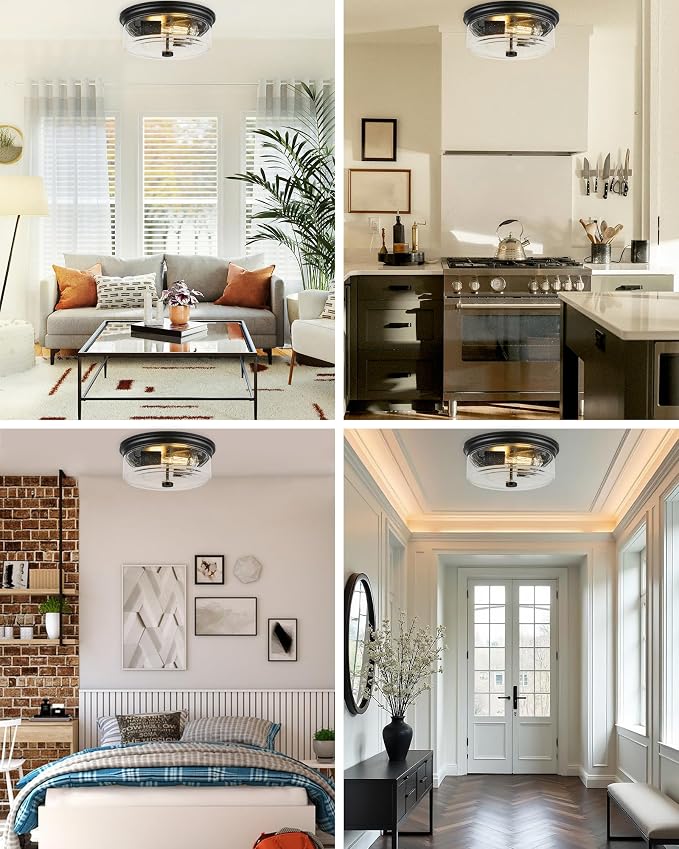 Flush Mount Ceiling Light Fixture, 2-Light Black 12 Inch Farmhouse | Industrial Seeded Glass Shade , Light Fixtures Ceiling Mount, for Kitchen Hallway Bedroom Bathroom Entryway Foyer