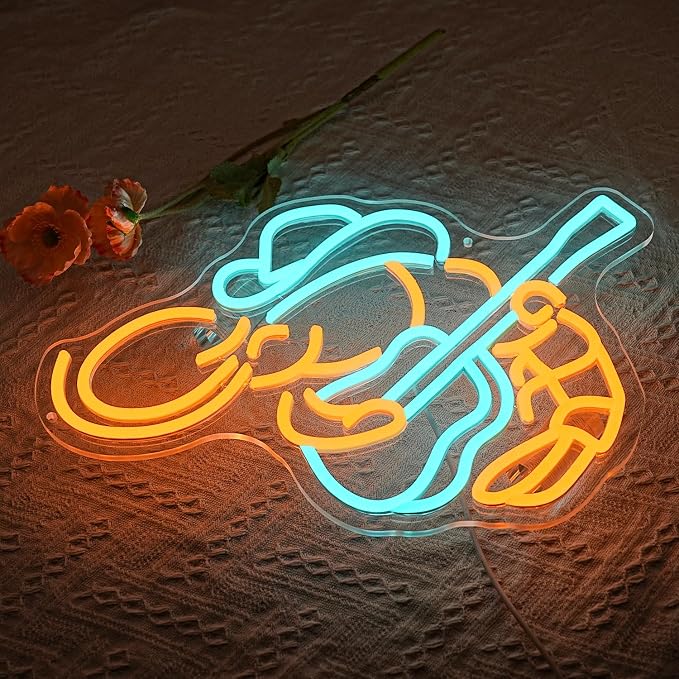 Cowboy Shrimp Neon Sign For Wall Decor Guitar Neon Light Music Led Sign Lobster Led Light Seafood Neon Light Sign for Restaurant Kitchen Music Bar Decor