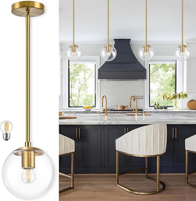 6 Inch Globe Pendant Light Gold Mid Century Pendant Light Contemporary Globe Pendant Lights Kitchen Island Clear Glass with Brass Finish Adjustable Hanging Light Fixture for Kitchen Island