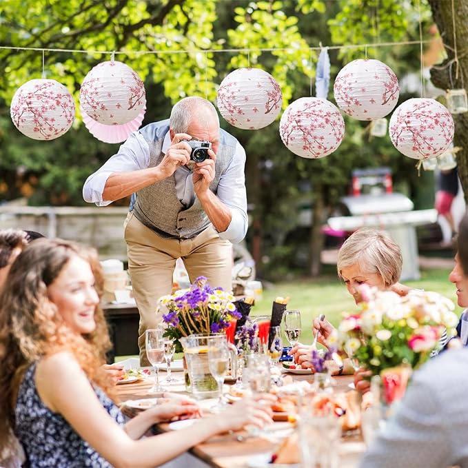 12 Pcs Cherry Blossom Paper Lanterns Tea Party Decorations Floral Flower Wildflower Spring Birthday Party Decoration Flower 10 Inch Hanging Round Paper Lanterns for Wedding Bridal Shower Baby Shower