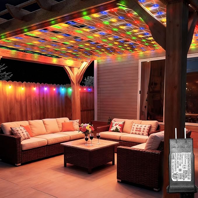 Lovelite 8ft x 8ft Net Lights, 180LED Gazebo Lights Outdoor 8 Modes Timer, Waterproof Connectable Christmas String Lights Clear Wire Plug in for Bushes Patio Pergolas Garden Holiday Party - Mulicolor