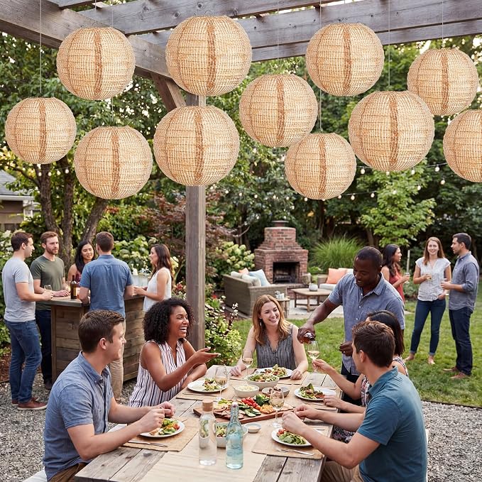 12 Pcs Print Burlap Paper Lanterns Round Chinese Paper Lanterns Farmhouse Boho Classroom Home Decor Classroom Sweet Birthday Party Ceremonial Event (10/12 Inch)